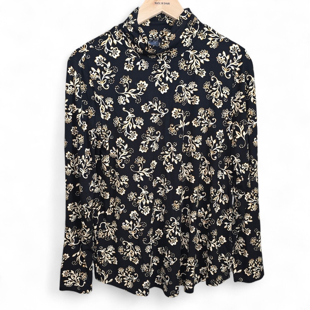 Susan Graver Weekend Top Womens Medium Black Floral Print Mock Neck Blouse